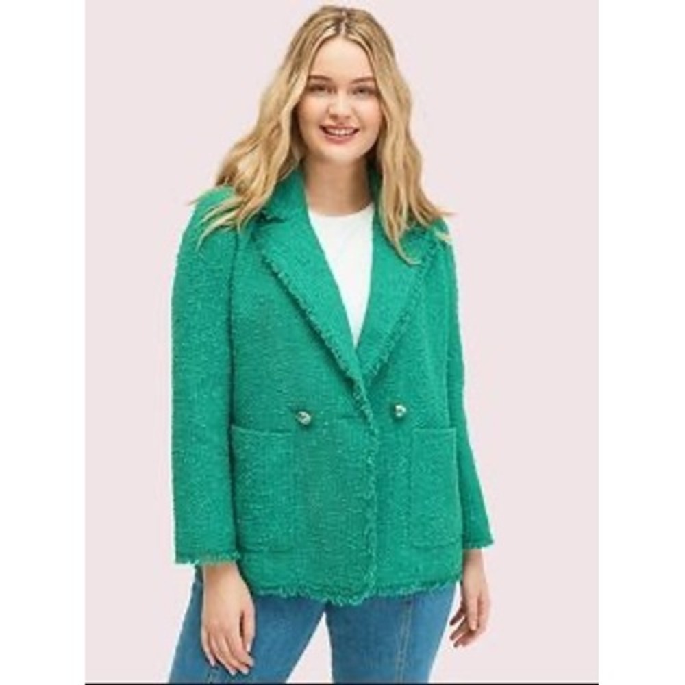 Kate Spade‎ New York Green Tweed Fringe Double Breasted Blazer Jacket size 10